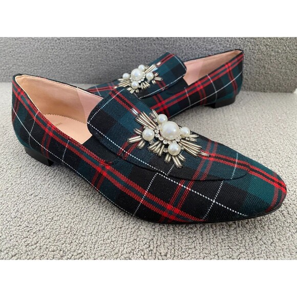 J. Crew Womens Jamie Tartan Plaid Pearl Red Green Embellished Loafer Size 8.5 - Picture 1 of 10